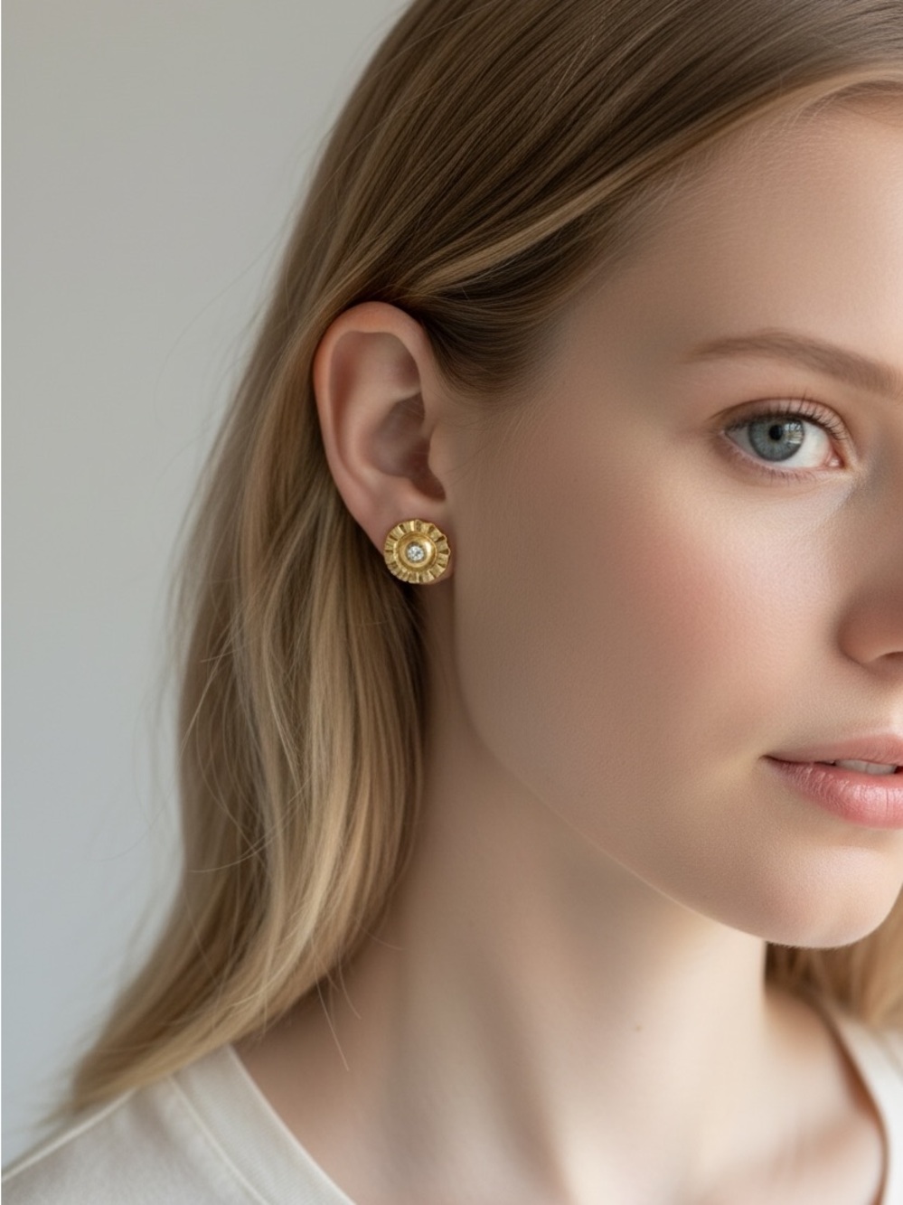 Classic Gold Floral Stud Earrings with Center Stone